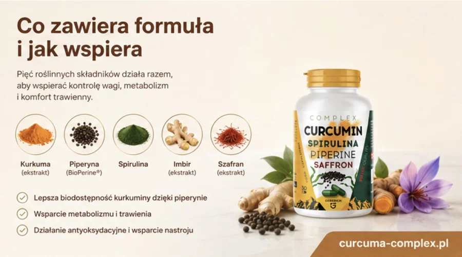 Curcuma Complex — kapsułki z ekstraktem z kurkumy, spiruliną, imbirem, piperyną BioPerine i szafranem