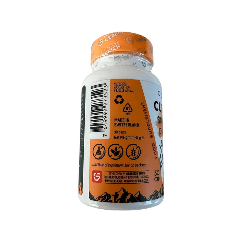 Curcuma Complex — etykieta z certyfikatem GMP Food, Made in Switzerland, 30 kapsułek